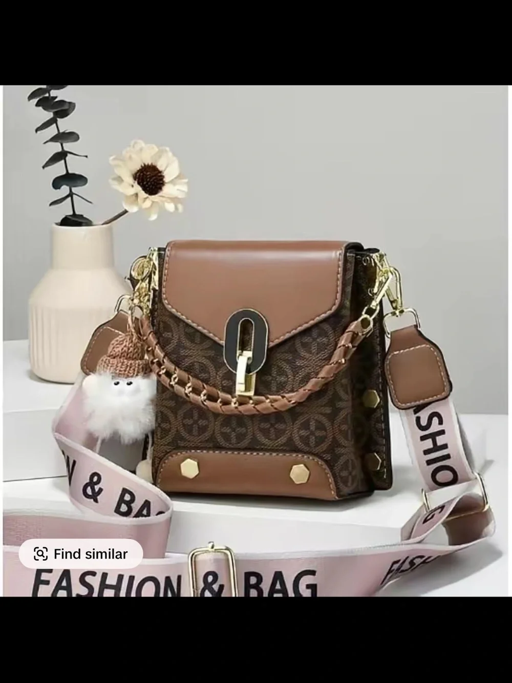 Chic Pink Patterned Crossbody Bag with Pom Pom Charm